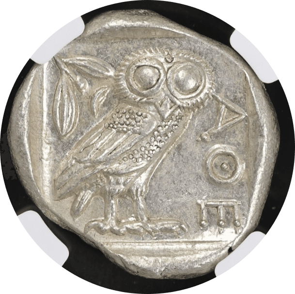 【Ch AU 5/5 4/5】紀元前440年〜404年 古代ギリシア アッティカ 女神アテナ テトラドラクマ フクロウ銀貨(裏)