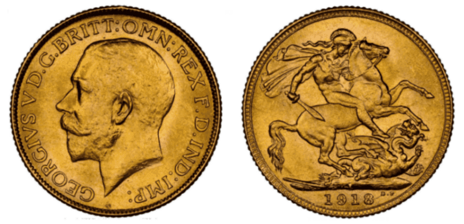 【MS64+】1918年 英領インド ジョージ5世 ソブリン金貨