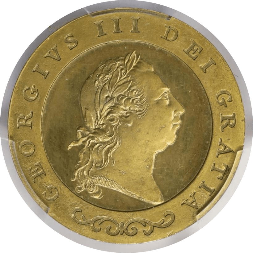 【PR63 CAMEO】1791年 イギリス ジョージ3世 試鋳貨 1ギニー銅製金貨(表)