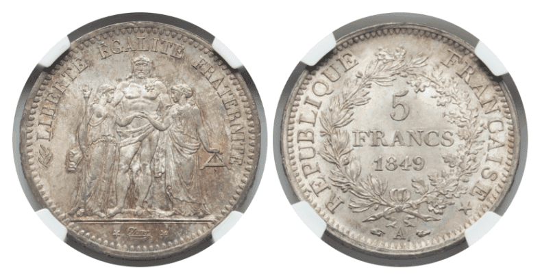 【MS65+】1849年 フランス 第二共和政 ヘラクレス 5フラン銀貨