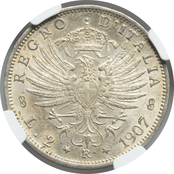 【MS63】1907年 イタリア ヴィットリオ・エマニュエーレ3世 2リレ銀貨(裏)