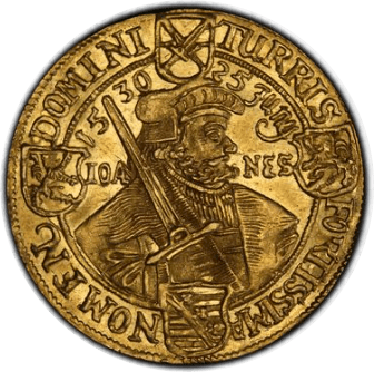 【MS63】1630年 神聖ローマ帝国 ドイツ ザクセン 2ダカット 金貨 アウクスブルク信仰告白 100周年記念金貨(表)
