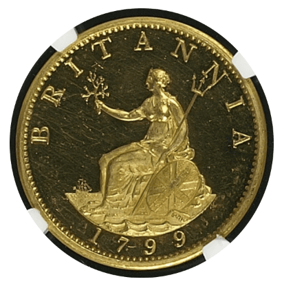 【PR63 ULTRA CAMEO】1799年 イギリス ジョージ3世 ハーフペニー金メッキ銅貨(裏)