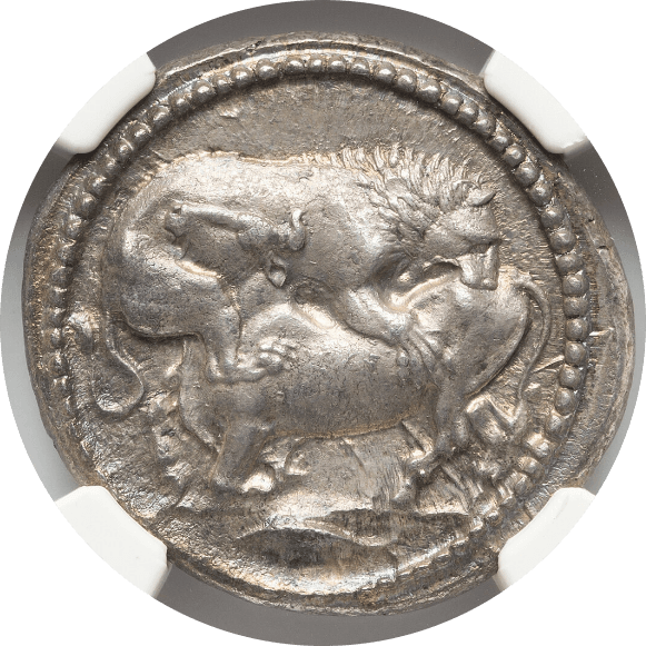 【Ch AU 5/5 4/5, Fine Style】紀元前470年〜430年 古代ギリシア マケドニア王国 アカントス テトラドラクマ銀貨(表)